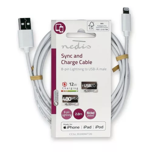 Nedis CCGL39300WT20 USB 2.0, Apple Lightning 8-Pin kábel MFI engedélyes Apple chipkészlettel, 2m