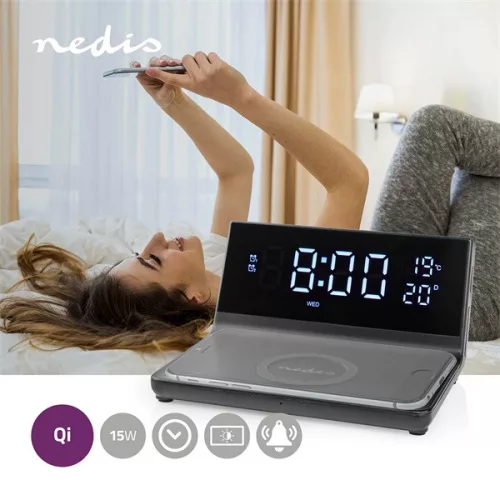 Nedis WCACQ20BK ébresztő óra vezeték nélküli telefon töltővel, Qi tanúsítvánnyal rendelkező 5 / 7,5 / 10 / 15 W töltés