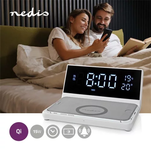 Nedis WCACQ20WT ébresztő óra vezeték nélküli telefon töltővel, Qi tanúsítvánnyal rendelkező 5 / 7,5 / 10 / 15 W töltés