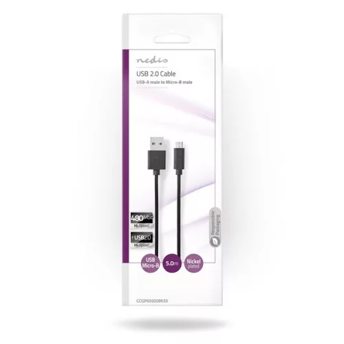 Nedis CCGP60500BK50 USB-A dugó - USB Micro-B (micro b) dugó, 9 W, 480 Mbps, 5m