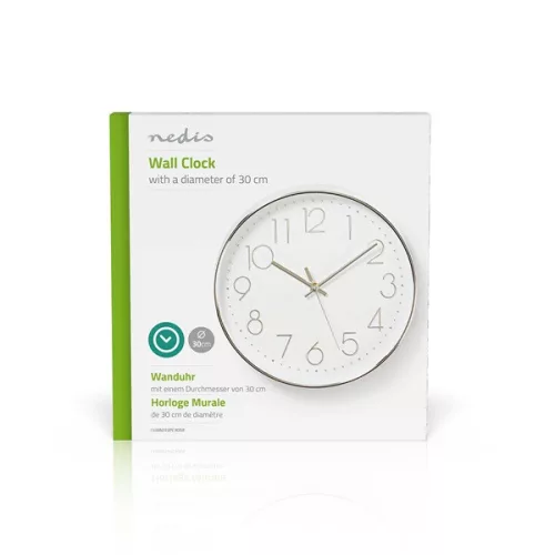 Nedis CLWA015PC30SR falióra, 30 cm átmérő,  1 x AA, ezüst/fehér, quarz technológia, 1,5V