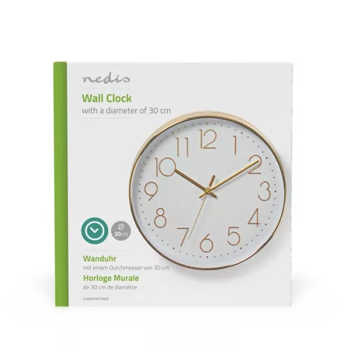 Nedis CLWA015PC30GD falióra, 30 cm átmérő,  1 x AA, arany/fehér, quarz technológia, 1,5V