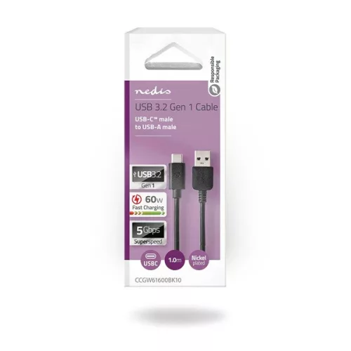 Nedis CCGW61600BK10 USB 3.2 Gen 1, USB-A dugó - USB-C (USB C) dugó kábel, 60W, 1m
