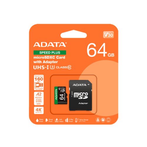 ADATA Memóriakártya MicroSDXC 64GB + Adapter SPEED PLUS UHS-I U3 (160/140)