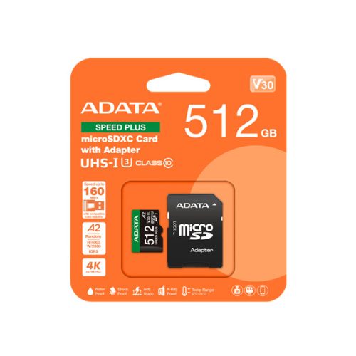 ADATA Memóriakártya MicroSDXC 512GB + Adapter SPEED PLUS UHS-I U3 (180/160)