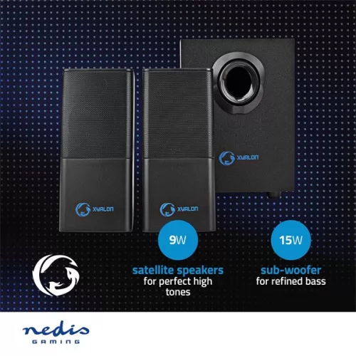 Nedis GSPR10021BK aktív gamer hangszóró 2.1, USB tápellátás, 3,5 mm jack, 30 W, Hangerőszabályozó