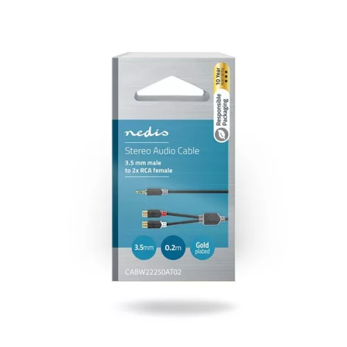 Nedis CABW22250AT02 sztereo audió kábel 3,5mm sztereo jack - 2x RCA aljzat,  Aranyozott,  0,20m