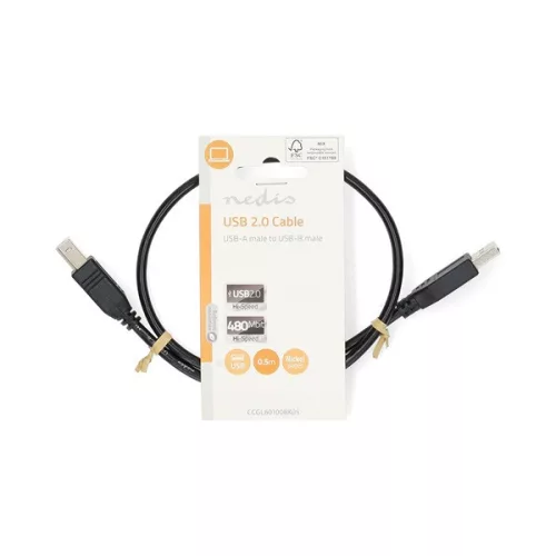 Nedis CCGL60100BK05 USB2.0, USB A - B kábel, 480Mbs, 10W, hossz 0,5m