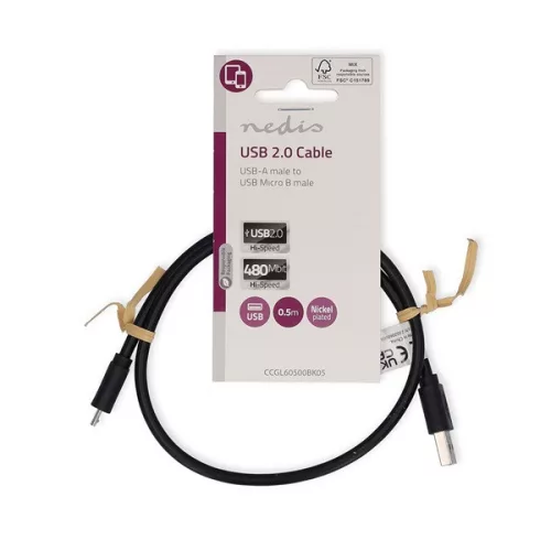Nedis CCGL60500BK05 USB 2.0  USB-A dugó  - USB Micro-B dugó  10 W 480 Mbps, 0,5m