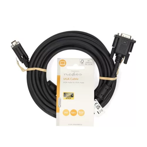 Nedis CCGL59000BK50, VGA kábel, VGA dugó - dugó, Maximális felbontás: 1280x768, hossz: 5m