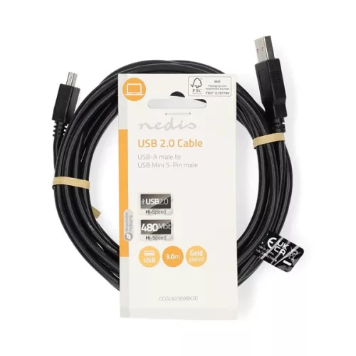 Nedis CCGL60300BK30 USB mini-B 5p (mini USB)kábel, USB 2.0  USB-A dugó  USB mini 5p dugó, 480 Mbps. 3m