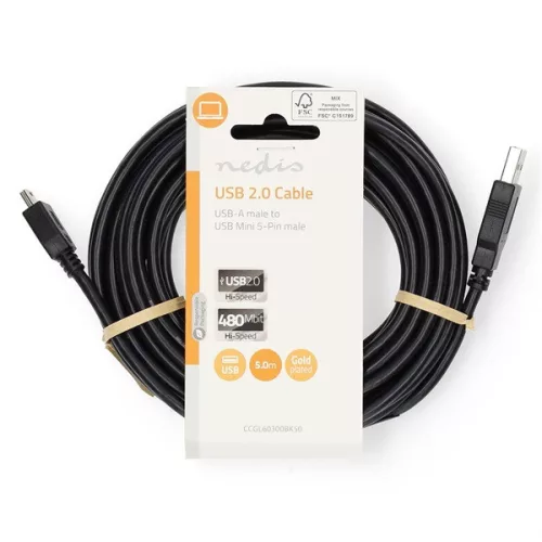 Nedis CCGL60300BK50 USB mini-B 5p (mini USB)kábel, USB 2.0  USB-A dugó  USB mini 5p dugó, 480 Mbps. 5m