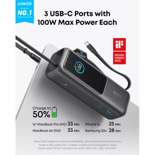 ANKER Powerbank Zolo 25000mAh, 165W, Beépített USB-C kábel behúzható, fekete - A1695H11
