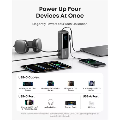 ANKER Powerbank Zolo 25000mAh, 165W, Beépített USB-C kábel behúzható, fekete - A1695H11