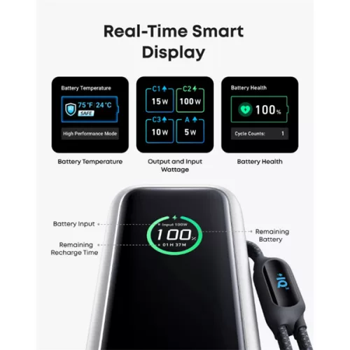 ANKER Powerbank Zolo 25000mAh, 165W, Beépített USB-C kábel behúzható, fekete - A1695H11