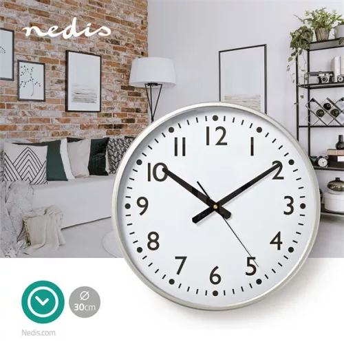 Nedis CLWA016PC38AL falióra, 38 cm átmérő,  1 x AA, ezüst/fehér, quarz technológia, 1,5V