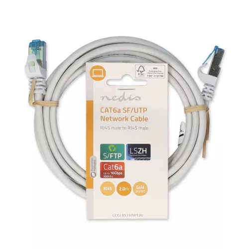 Nedis CCGL85330WT20 S/FTP Cat6 patch kábel, RJ45, 10/100/1000  és 10 000 Mbps thernet sebességet támogat, LSZH, 2m