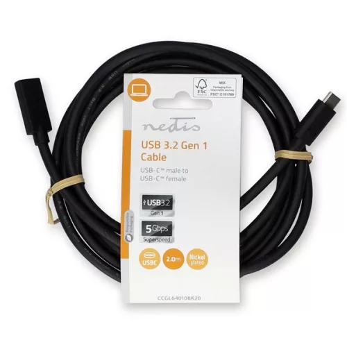 Nedis CCGL64010BK20 USB 3.2 Gen 1, USB C (USB-C) hosszabítókábel, 60W, 4K@60Hz, 5 Gbps, hossz 2m