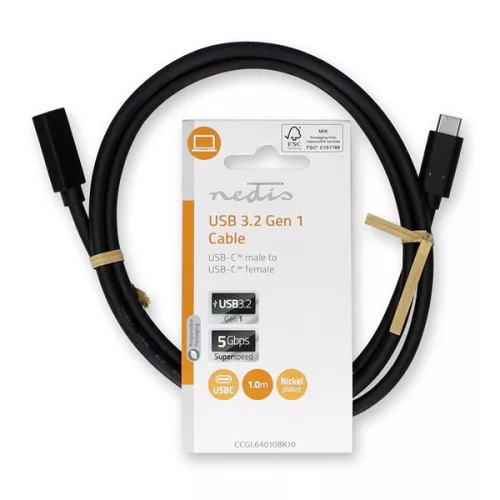 Nedis CCGL64010BK10 USB 3.2 Gen 1, USB C (USB-C) hosszabítókábel, 60W, 4K@60Hz, 5 Gbps, hossz 1m
