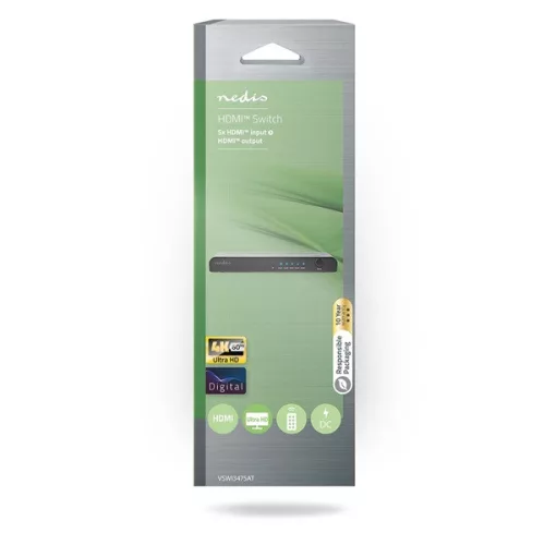 Nedis VSWI3475AT HDMI kapcsoló, 5x HDMI bemenet | 1x HDMI kimenet, 4K@60Hz | 18 Gbps | Távirányítós