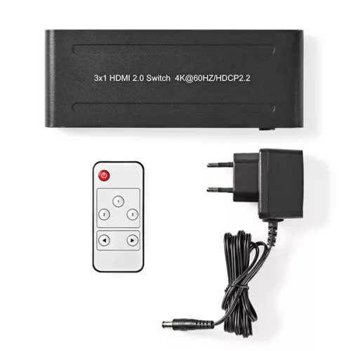 Nedis VSWI3473AT HDMI kapcsoló, 3x HDMI bemenet | 1x HDMI kimenet, 4K@60Hz | 18 Gbps | Távirányítós