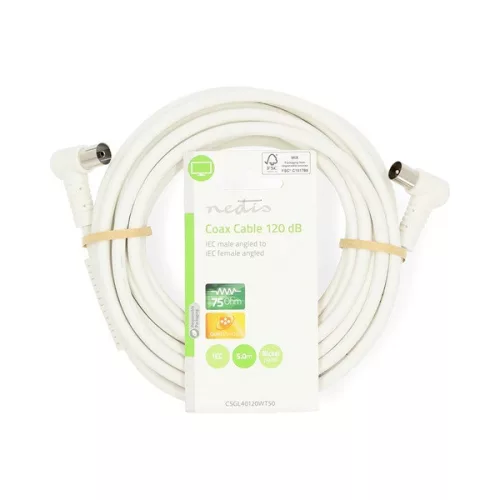 Nedis CSGL40120WT50 koax RF kábel, koax férfi (dugó), koax nő (aljzat), 120 dB, 75 Ohm, Négyszeresen árnyékolt, 5m