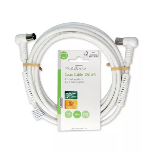 Nedis CSGL40120WT30 koax RF kábel, koax férfi (dugó), koax nő (aljzat), 120 dB, 75 Ohm, Négyszeresen árnyékolt, 3m