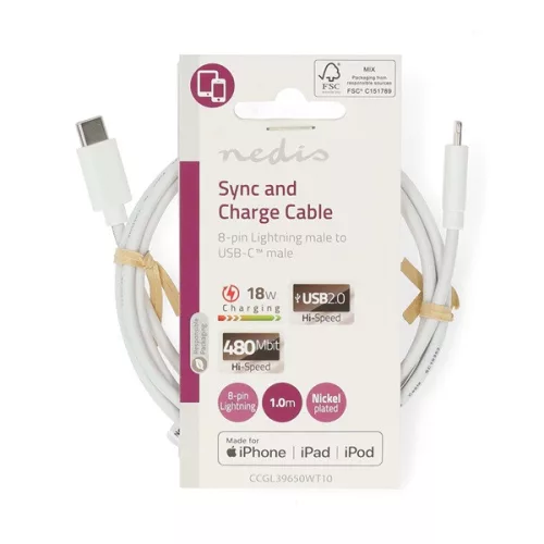 Nedis CCGL39650WT10 USB 2.0, USB-C - Apple Lightning 8-Pin kábel MFI engedélyes Apple chipkészlettel