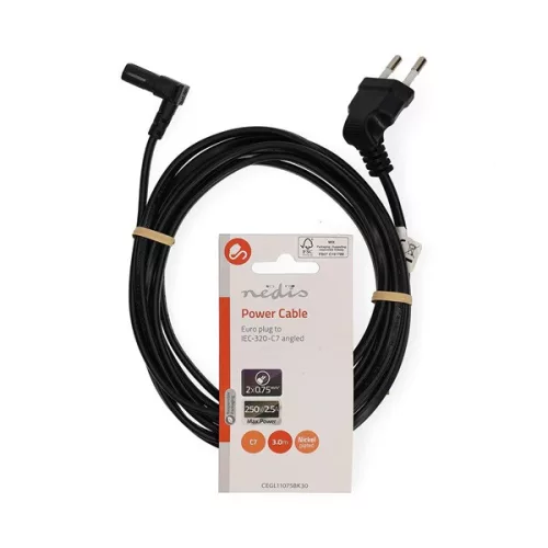 Nedis CEGL11075BK30 tápkábel IEC-320-C1, 90°-os szögben hajlított, 3m