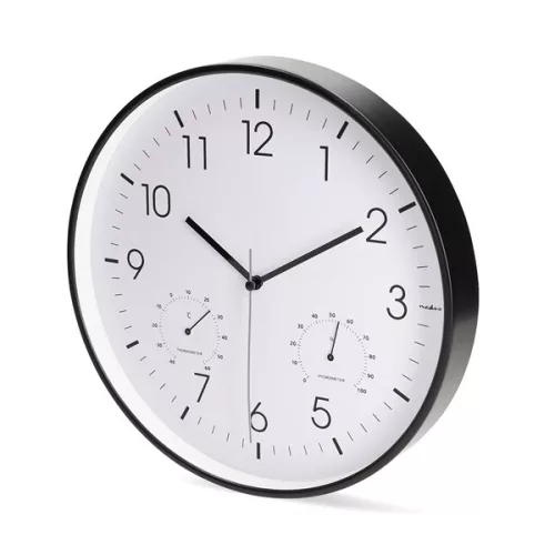 Nedis CLWA4226BK falióra, 30 cm átmérő,  műanyag, csendes szerkezet: óra, hőmérő, páratartamom mérő
