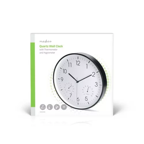 Nedis CLWA4226BK falióra, 30 cm átmérő,  műanyag, csendes szerkezet: óra, hőmérő, páratartamom mérő