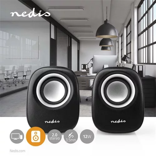 Nedis CSPR10020BK PC hangszóró 2.0, 12 W, 3,5mm sztereo jack, USB-ről táplált, hangerőszabályzó