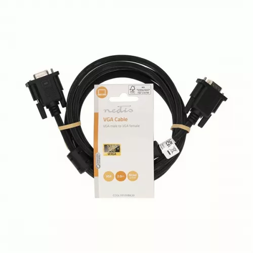Nedis CCGL59100BK20, VGA toldó kábel, VGA dugó VGA anya Nikkelezett Maximális felbontás:1280x800,  2,00 m