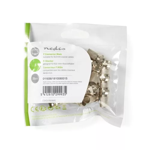 Nedis CSVC41908ME F csatlakozó, kábelbemeneti átmérő: 7,5 mm, 75 Ohm, 25 db/csomag