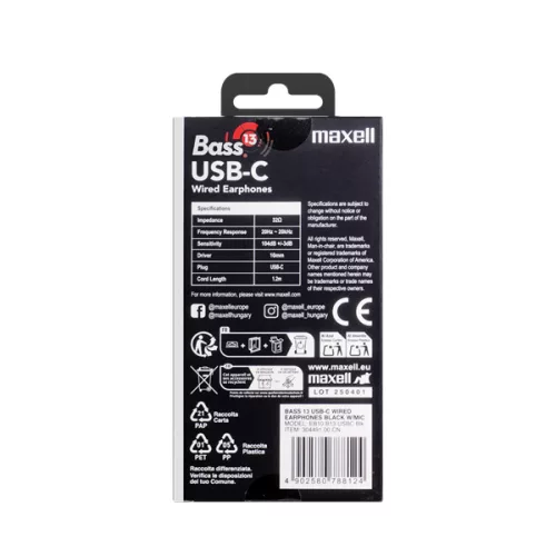 MAXELL Fülhallgató, EB10 BASS13, In-ear, fekete, USB-C
