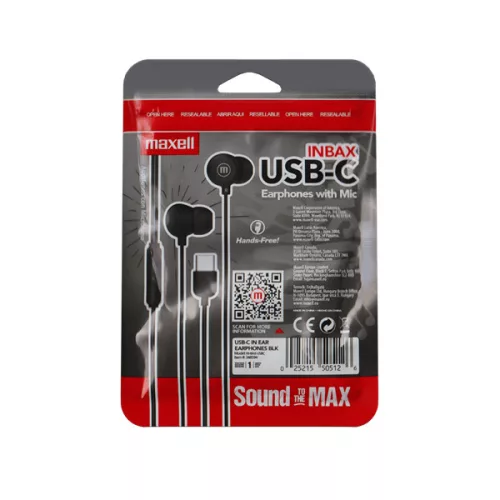 MAXELL Fülhallgató, IN-BAX, fekete, USB-C
