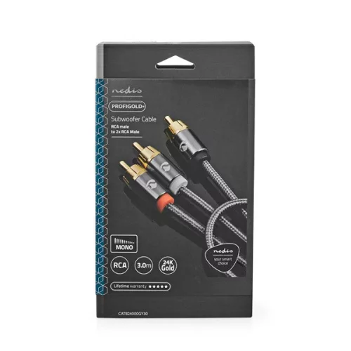 Nedis Profigold CATB24000GY30 mélynyomó kábel, 2x RCA apa - 1x RCA apa, aranyozott, 3m