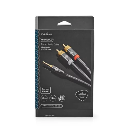 Nedis Profigold CATB22200GY10 sztereo audió kábel 3,5mm sztereo jack - 2x RCA,  Aranyozott,  1 m