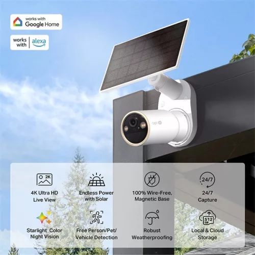 TP-LINK Wireless Kamera Cloud kültéri + Okos Solar Panel IP66 4K Dual-Band, TAPO C460 KIT