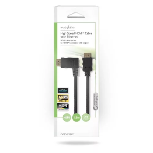 Nedis CVGP34250BK15 nagy sebességű HDMI kábel, 4K@30Hz, 10.2 Gbps, 1.50 m, pipa balos csatlakozó