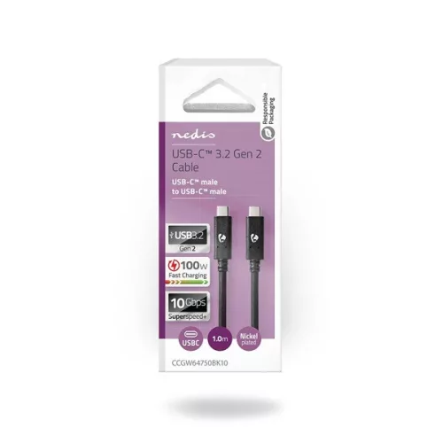 Nedis CCGW64750BK10 USB C - USB C (USB-C) kábel, USB 3.2 Gen 2, 100W, 4K@60Hz, 10 Gbps, hossz 1m