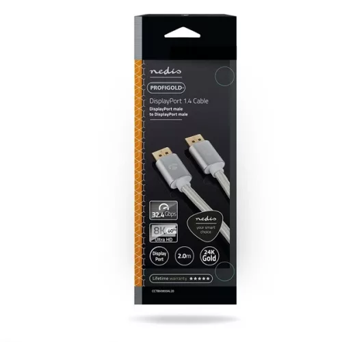 Nedis CCTB37014AL20 DisplayPort 1.4 kábel, displayport dugó - display port dugó, aranyozott csatlakozók, 8K@60Hz, 2m