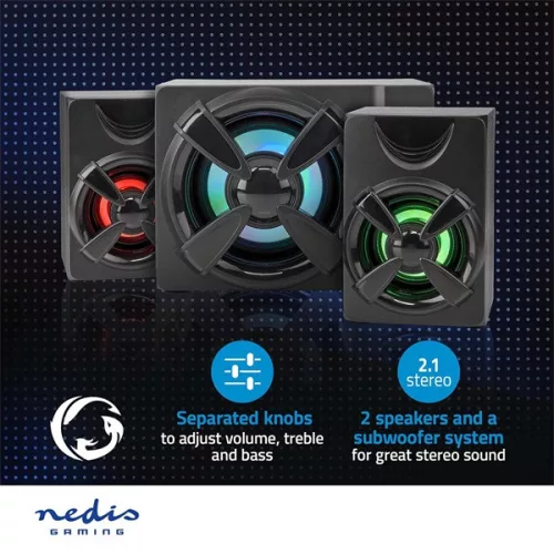 Nedis GSPR31021BK gamer hangszóró készlet, csatornák: 2.1, USB tápellátás, 3,5 mm jack, 33 W, LED, hangerőszabályozó