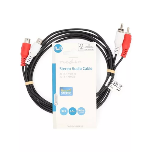 Nedis CAGL24205BK20 sztereo audio kábel, 2 X RCA apa - 2 X RCA anya, hossz 2m