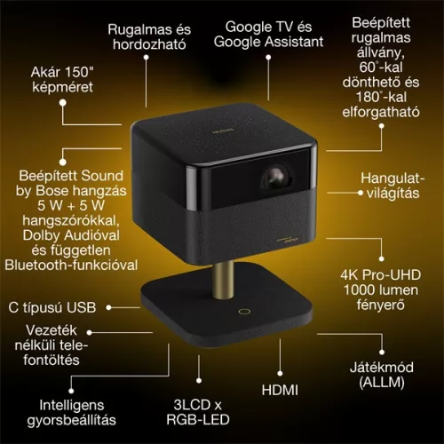 EPSON Projektor - Lifestudio Flex – EF-73 Éjfekete (3LCD, 4K Pro-UHD, 16:9, 1000 AL, 5000000:1, HDMI/USB/WiFi/Bluetooth)