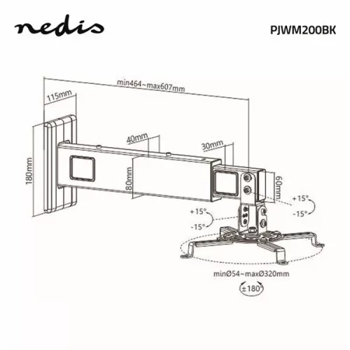 Nedis PJWM200BK projektor tartó konzol, teljes mozgású, 15 kg, forgatható, billenthető, acél, fekete