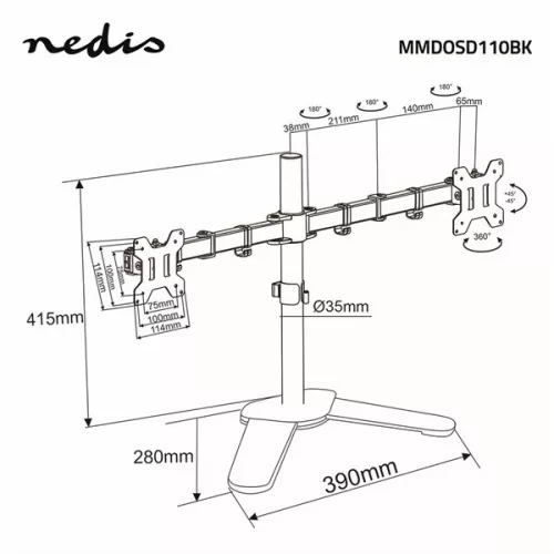 Nedis MMDOSD110BK 15"-32" asztali 2 monitor tartóállvány, VESA 75x75 / 100x100