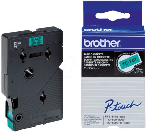 Brother TC-701 laminált P-touch szalag (12mm) Black on Green-7,7m
