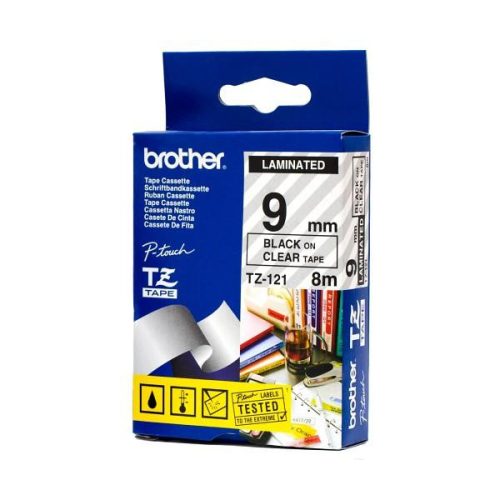 Brother TZE-121 laminált P-touch szalag (9mm) Black on Clear - 8m