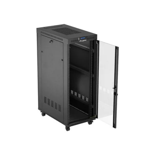 Lanberg 19" szabadon álló rack szekrény 32U/600X1000 üvegajtó, lapraszerelt, LCD kijelző, fekete